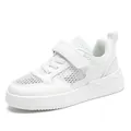 Baskets pour enfants en cuir blanc avec empiècements en maille respirante et velcro - Blanc Été Évidé