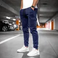 Men's navy blue cargo joggers with drawstring waist and tapered cuffs for fitness. - Navy Blue