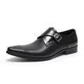 Premium black perforated leather monk strap business dress shoes for men with buckle - 37 / Black