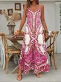 Detailed front view of stylish summer camisole maxi dress featuring pink paisley print - S / Dresses / Rose Red
