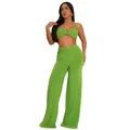 Full view of sexy lime green halter top and wide-leg pants set with heart buckles - S / Top And Bottom / Green