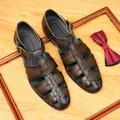 Men's British style genuine leather Roman sandals with woven details and buckle closure - 37 / Coffee