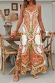 Bohemian retro paisley print spaghetti strap maxi dress with wide swing skirt for summer - S / Dresses / Orange