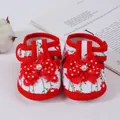 Floral cotton baby girl pre-walker sandals featuring red bow and elegant pearl detail. - Size 11 (Inner Length 10.5CM) / Daisy - Red