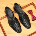 Premium black leather woven men's sandals with closed toe and adjustable buckle strap - 37 / Black