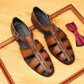 Handcrafted brown leather Roman sandals for men with buckle strap and cut-out design - 37 / Brown