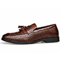 Brown crocodile pattern men's leather tassel loafers in British business casual style. - Brown