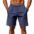 Vista dettagliata di alta qualità dei pantaloncini casual da uomo in lino blu con coulisse - Taglia S / Pantaloni e gonne / Blu Notte