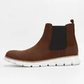 Side view of professional lightweight brown suede Chelsea boots for men with durable white soles - 39 / Dark Brown