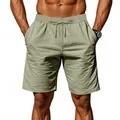 Vista dettagliata di pantaloncini da uomo in lino leggero stile americano con cordoncino - verde-grigio