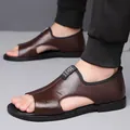 Classic men's brown leather hollow-out breathable beach sandals with non-slip sole - 38 / Brown