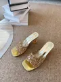 Mules dorées à bout carré avec brides en strass et talons transparents épais pour femmes chic. - 35 / Or