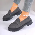 Casual grey thick heel platform loafers for women featuring British vintage style design - 35 / Gray
