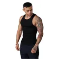Vue détaillée d'un débardeur noir côtelé pour hommes idéal pour le fitness et le sport - M / Hauts / Noir