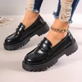 Classic women's chunky black loafers with platform soles and retro British style - 35 / Black
