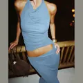 Sexy blue halter neck crop top and bodycon skirt two-piece set outfit for women - L / Top And Bottom / Blue