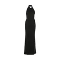 Elegant black halter neck crop top and bodycon floor-length maxi skirt set detail view - Black