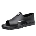 Men's black leather Roman sandals featuring breathable cut-outs and a non-slip soft sole. - Black