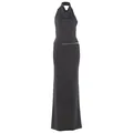 Full view of black halter neck top and matching slim fit maxi skirt two-piece set - Gray