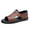 Men's brown leather Roman sandals with breathable cut-outs and soft non-slip sole - Brown