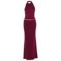 Elegant wine red halter neck top and matching high-waist maxi skirt set details - Burgundy