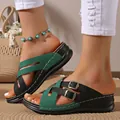 Detailed close-up of women's green and black color-block wedge sandals with adjustable buckles - 36 / Green