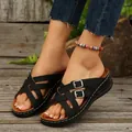Side view of women's black platform wedge sandals with cross straps and buckles. - 36 / Black