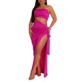 Robe maxi rose sexy sans bretelles avec fente haute et découpe à la taille pour fête. - S / Robes / Rose rouge