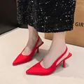 Detailed view of elegant red satin pointed toe slingback high-heeled shoes - 35 / Red