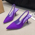 Elegant vibrant purple pointed-toe slingback kitten heels with a sleek satin finish - 35 / Purple