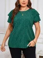 Plus size green ruffle short sleeve top with irregular black polka dot print design - Green