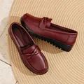 Comfortable burgundy leather loafers with bow detail for women, flexible flat sole - 34 / Burgundy