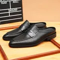 Classic black leather hollow-out pointed-toe backless loafers for men summer style - 37 / Black