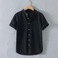 Retro Herren Leinenhemd in Schwarz mit Stehkragen und kurzen Ärmeln, schlichtes Design - M / Oberteile / Schwarz