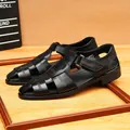 Men's black cowhide leather woven closed-toe sandals in classic British casual style - Black