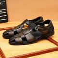 British style brown woven leather sandals for men with closed round toe - Coffee