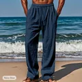 Ανδρικό casual παντελόνι navy blue με κορδόνι στη μέση και τσέπες για την παραλία - Ναυτικό μπλε