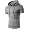 Detailed view of gray men's short sleeve hooded t-shirt with front pocket and drawstrings - Light Gray