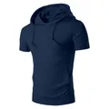 Navy blue short sleeve hoodie for men with drawstring hood and kangaroo pocket - Navy Blue