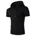 Black men's short-sleeved hoodie with drawstrings and front kangaroo pocket on white background - S / Tops / Black