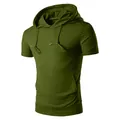 Men's casual olive green short sleeve hoodie with kangaroo pocket for gym and outdoor sports. - Army Green