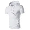 Close-up view of men's white short sleeve hooded sweatshirt with drawstring detail - S / Tops / White