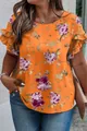 Vue détaillée de la blouse orange pour femme avec imprimé floral et manches à volants - 3XL / Hauts / Orange