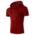 Close-up detail of the dark red men's hooded short-sleeve t-shirt with front pocket - S / Tops / Red