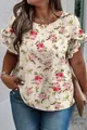 Gros plan d'une blouse à imprimé floral avec manches à volants et détail de col rond - 3XL / Hauts / Rose Rouge