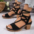 Side view of black lace-up sandals with block heel and comfortable peep-toe design - 36 / Black