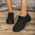 Stylish women's British style black platform casual lace-up shoes with thick lug sole - 35 / Black