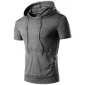 Men's casual grey short sleeve hooded t-shirt for sports and outdoor fitness activities - S / Tops / Dark Gray