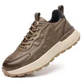 Men's brown athletic casual leather sneakers with thick sole and lace-up design - 38 / Khaki