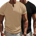 Herren Henley-T-Shirt im 2er-Pack, gerippt, schnelltrocknend, Khaki und Schwarz - Khaki + Schwarz